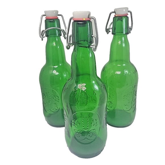 Lot Of 3 Vintage GREEN Embossed GROLSCH Beer Bottles Very Nice 9.5 inches Tall - Picture 3 of 6